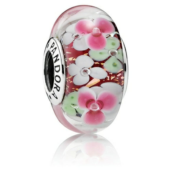 Pandora Silver Pink Flower Garden Murano Glass Spacer Charm Deadstock - Picture 1 of 9